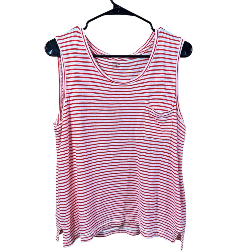 Madewell Red & White Striped Crew Neck Sleeveless Tank Top - Picture 1 of 4